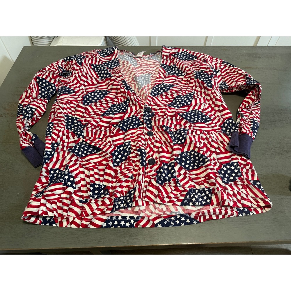 Vintage American Flag Cardigan XL Patriotic Stars and Stripes Cotton Button Up